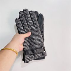 British classic check leather patchwork men's winter warm anti-cold lined thick cycling electric bike gloves