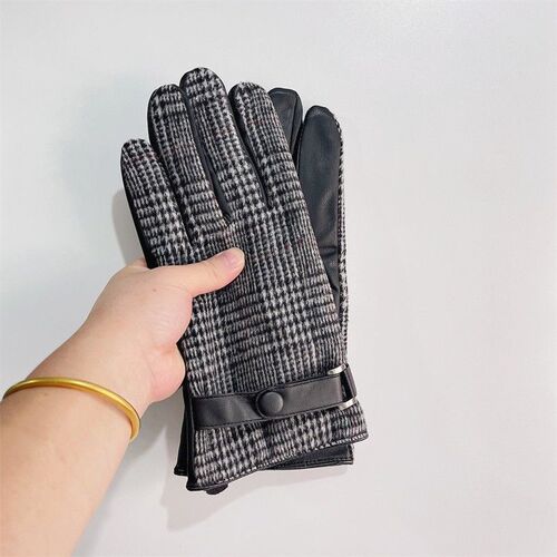 British classic check leather patchwork men's winter warm anti-cold lined thick cycling electric bike gloves