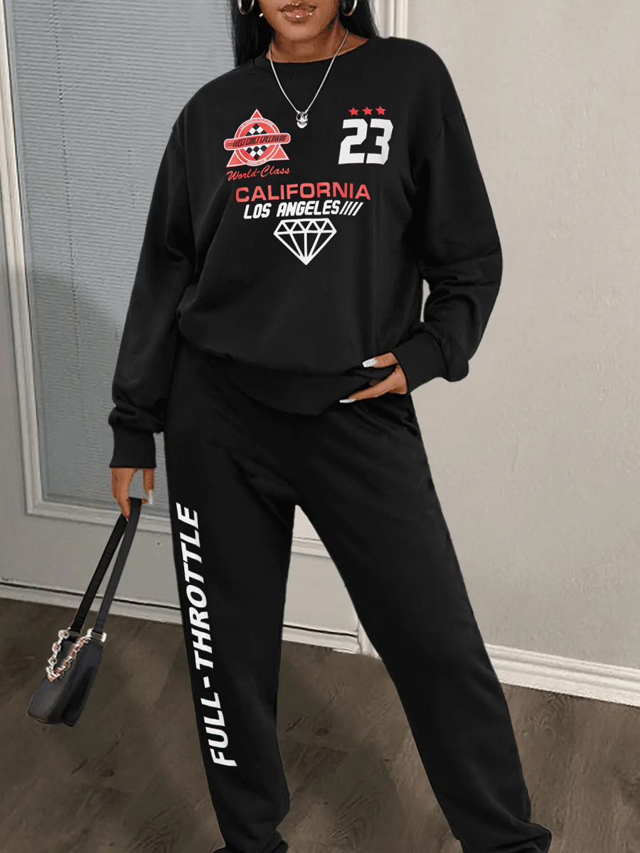 casual color matching round neck sweatshirt suit FULL letter print sweatshirt and sweatpants suit for women_voghion.com