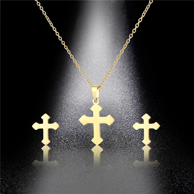Fashion Simple Cross Titanium Steel Necklace Earrings Set display picture 3