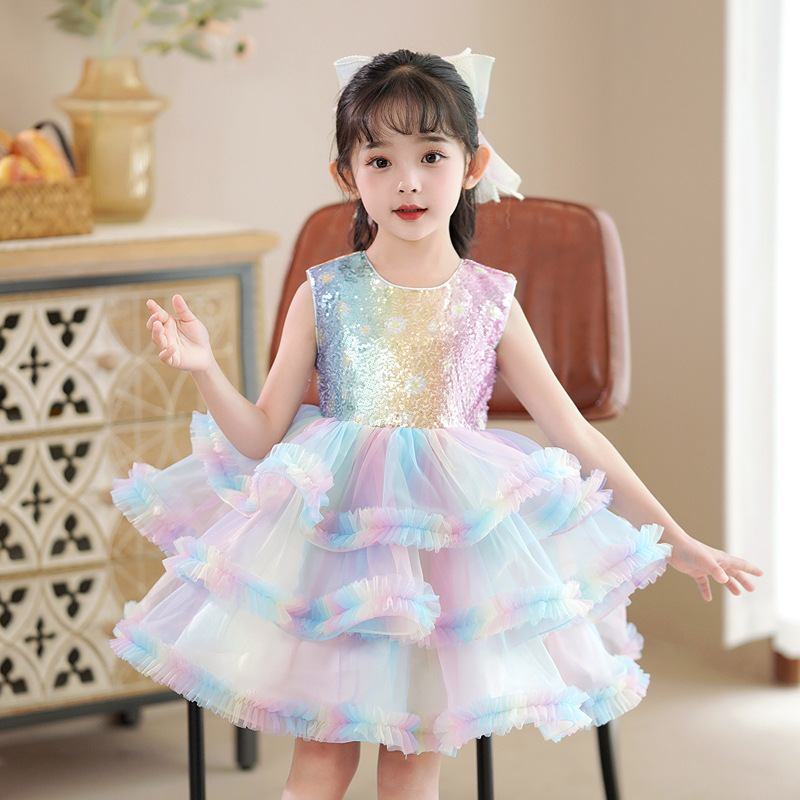 女童公主裙禮服新款花童蓬蓬紗蛋糕裙兒童生日主持人舞台表演裙子