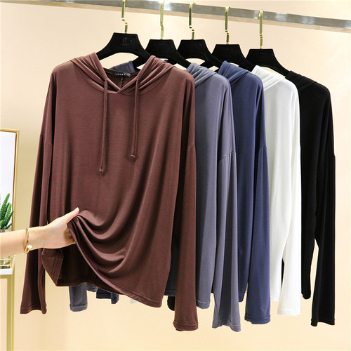 Modest Long-Sleeve Hooded T-Shirt for Women - Spring and Summer Plus Size Hooded Sweatshirt - Loose Inner Layer Top - Slimming Sun Protection Thin Upper Garment