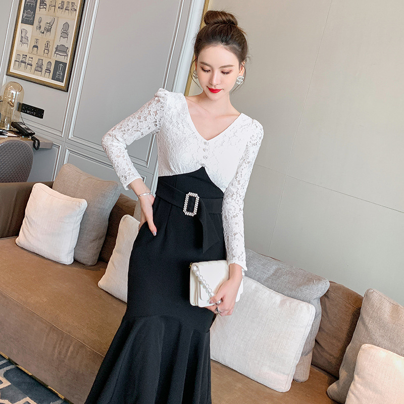 Đầm ôm body nữ cổ chữ V ren đuôi cá — Đen trắng