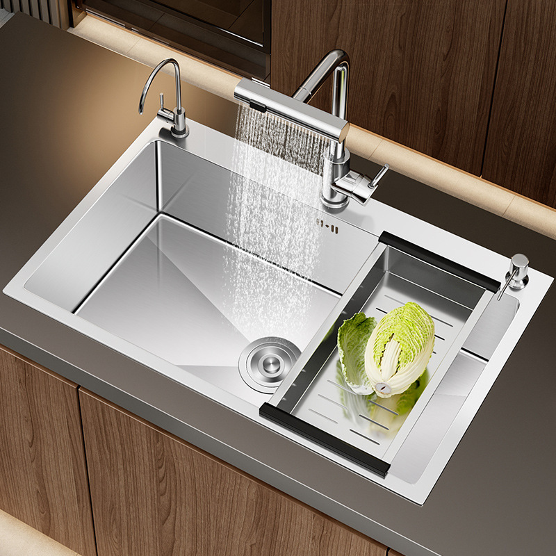 Vegetable basin large single sink SUS304 stainless steel waterfall sink kitchen sink household under-counter basin thickened pool