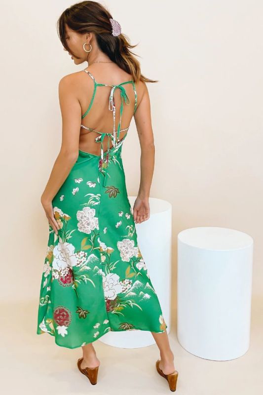 suspender backless lace-up slim long flower print dress NSAM126761