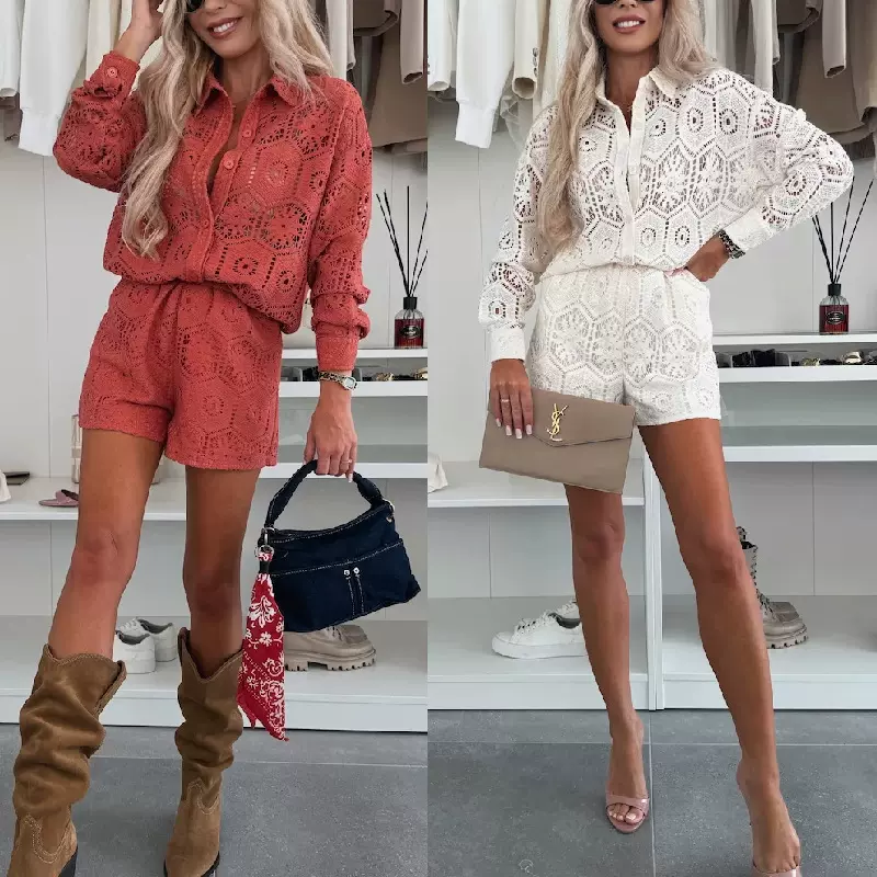 外贸2025年欧美独立站跨境休闲风翻领单排扣立领上衣蕾丝短裤套装