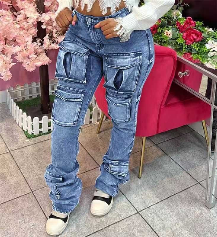 Women's Stacked Cargo Jeans – Stretch Denim Wide-Leg Pants With Utility Pockets (S-XL, Blue)_mkmklike.com