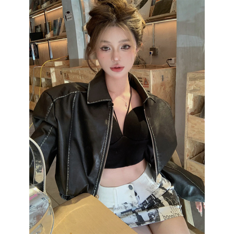 昕可达 超酷帅气棕色皮衣机车夹克美式复古美拉德外套|undefined