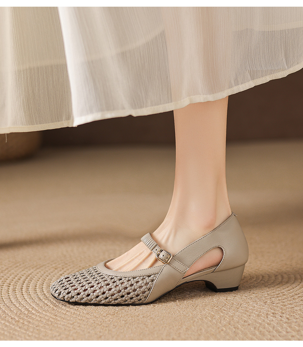 Giày sandal nữ gót thấp 3 cm mũi vuông hở bên da cừu đi làm — đen chi tiết 19