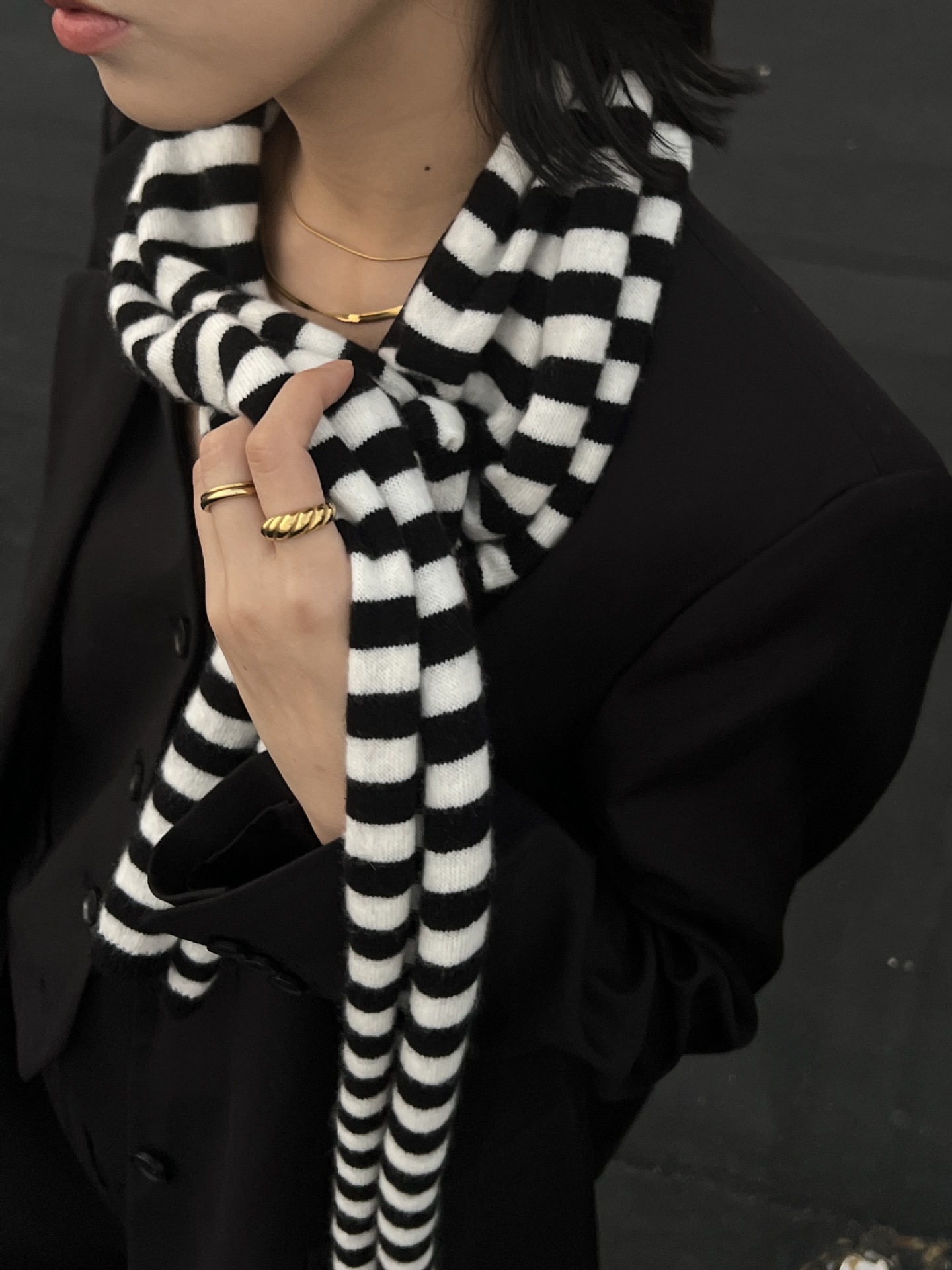 Lanmi细长条围巾女15%羊绒设计感23秋冬INS条纹多彩搭配保暖围脖