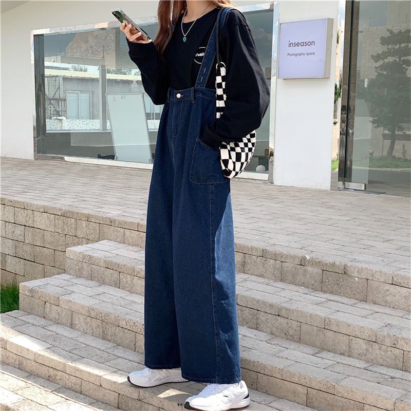 Internet Celebrity Age-reducing Temperament Design Sense Denim Strappy Pants Women's Autumn and Winter plus size Western Style Slim Look Wide Leg Pants for chubby girl