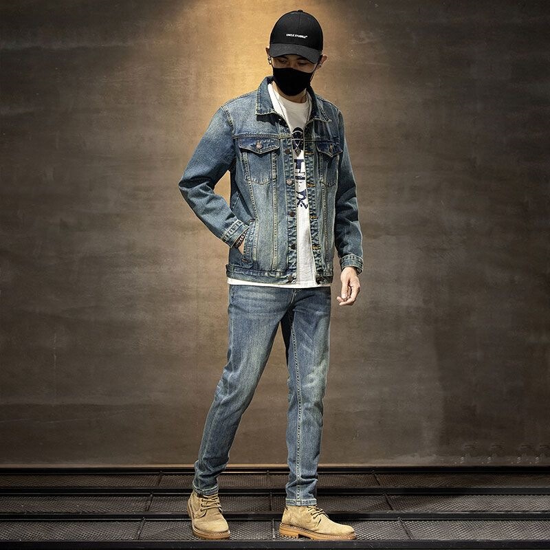 Spring and Autumn Denim Suit for Men, Nostalgic Korean Style Trendy Jacket, Classic Outerwear, Denim Clothes and Pants Two-Piece Set