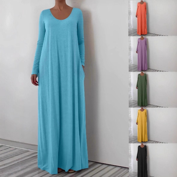 2025欧美跨境亚马逊速卖通爆款圆领长款连衣裙长袖纯色简约