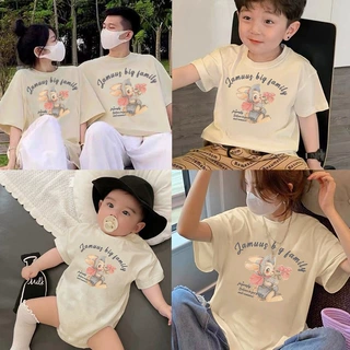 印花亲子装220克双纱纯棉短袖一家三四口全家装婴儿哈衣连体衣t恤