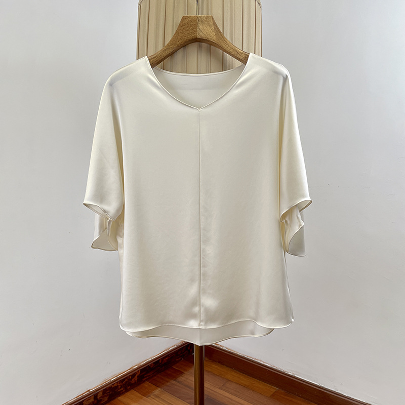 (2개) 여성을위한 기질 간단한 양면 새틴 아세테이트 V-NECK 셔츠  시원하고 편안한 올 매치 풀오버 로터스 리프 슬리브 티셔츠 탑 여름