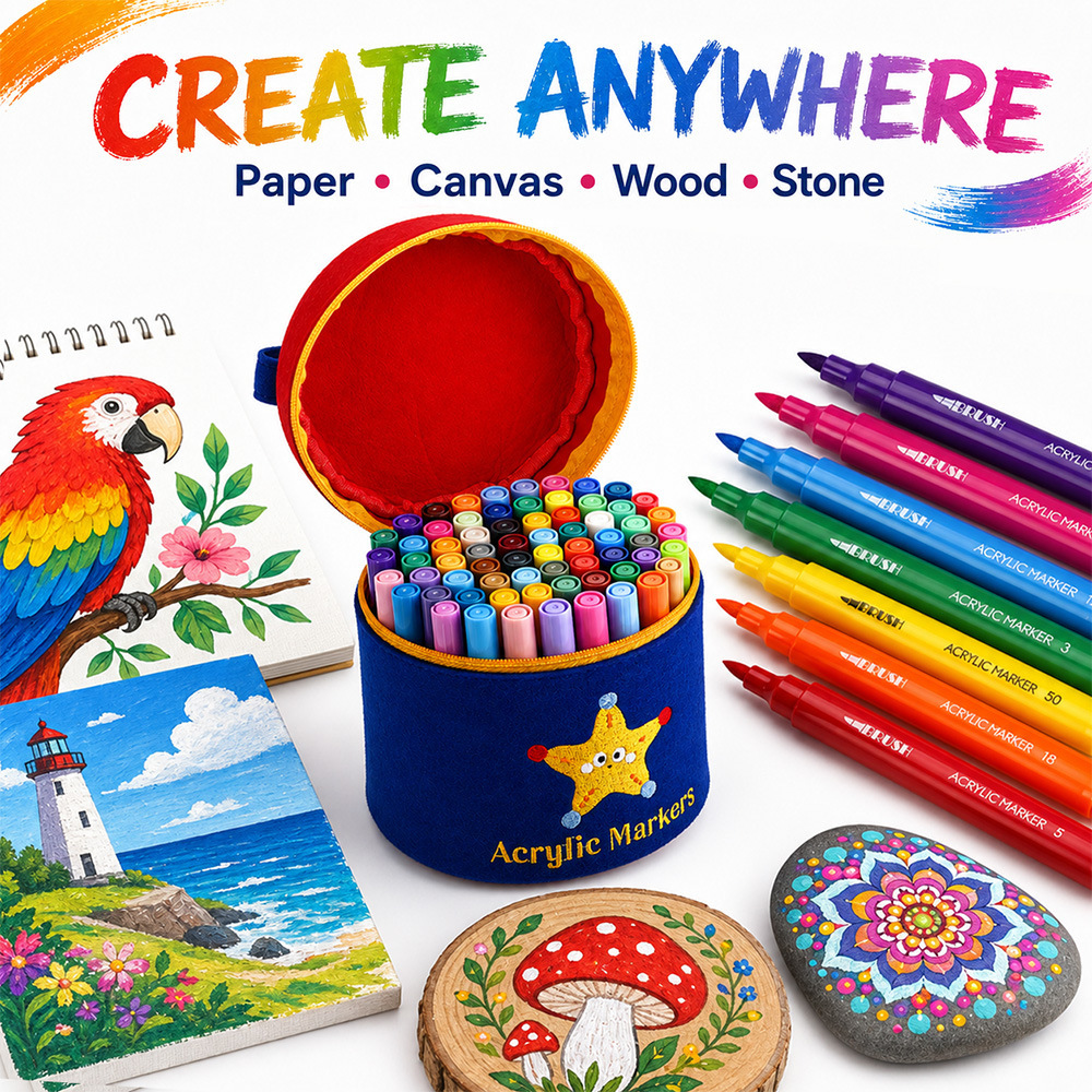 Bucket-packed soft-tip acrylic markers that do not fade and can be layered, suitable for children's drawing and student creative use