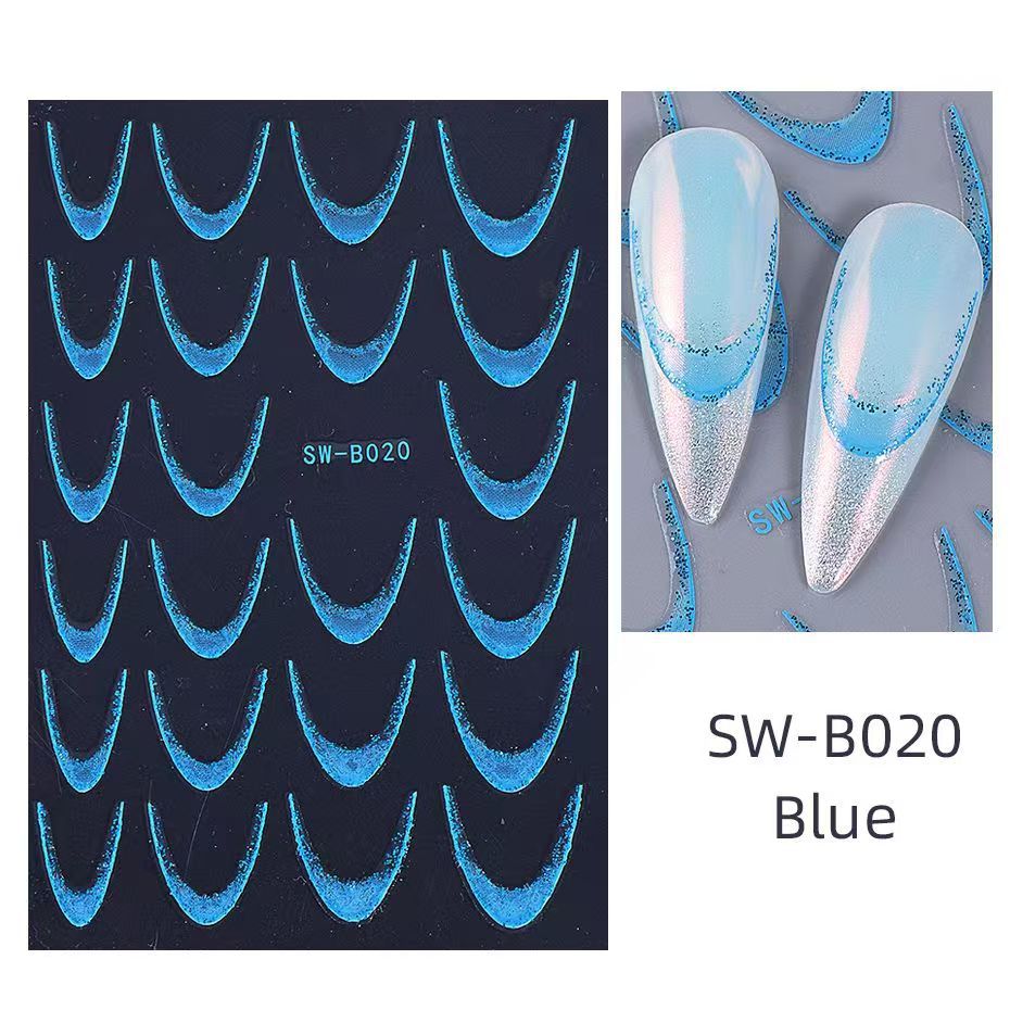 Polvo brillante gradiente pegatinas de uñas francesas ins viento oro y plata brillante azul rosa francés sonrisa pegatinas de uñas