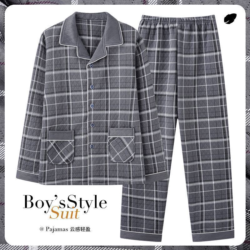 Pijamas para hombre otoño e invierno engrosamiento papá de mediana edad primavera y otoño traje de servicio a domicilio sándwich de algodón de aire de manga larga