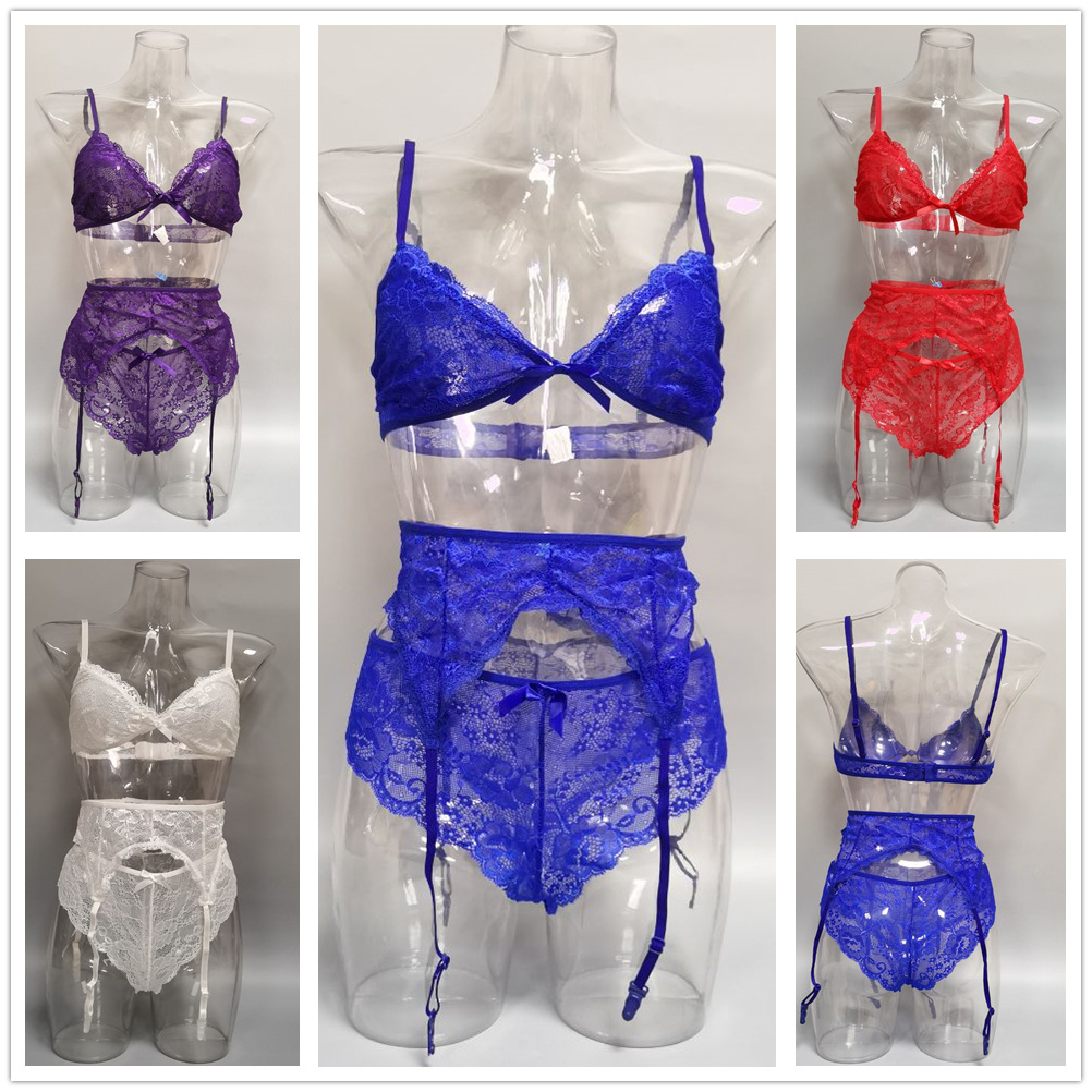 速卖通2024外贸女装欧美性感情趣内衣三点式蕾丝塑身分体套装批发