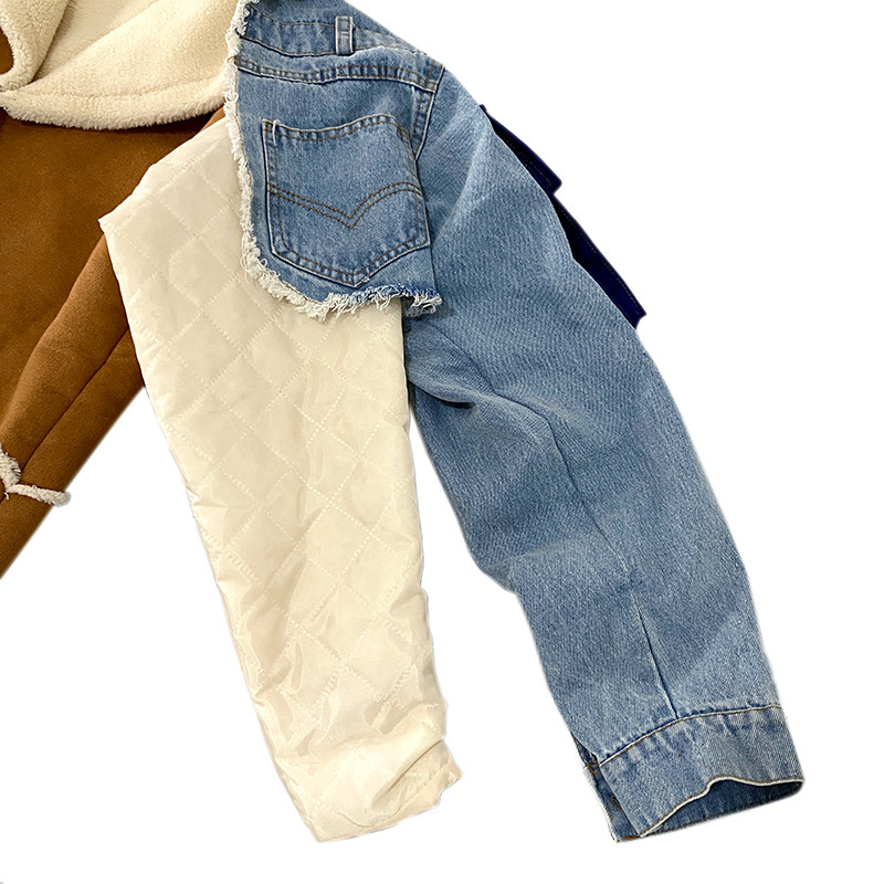 Women's Denim Patchwork Coat With Lamb Wool Lining For Winter_voghion.com