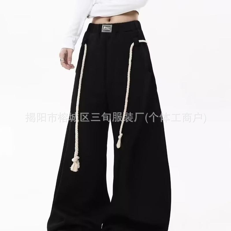 秋冬美式复古抽绳运动裤女灰色阔腿弯刀裤宽松休闲卫裤直筒拖地裤|undefined