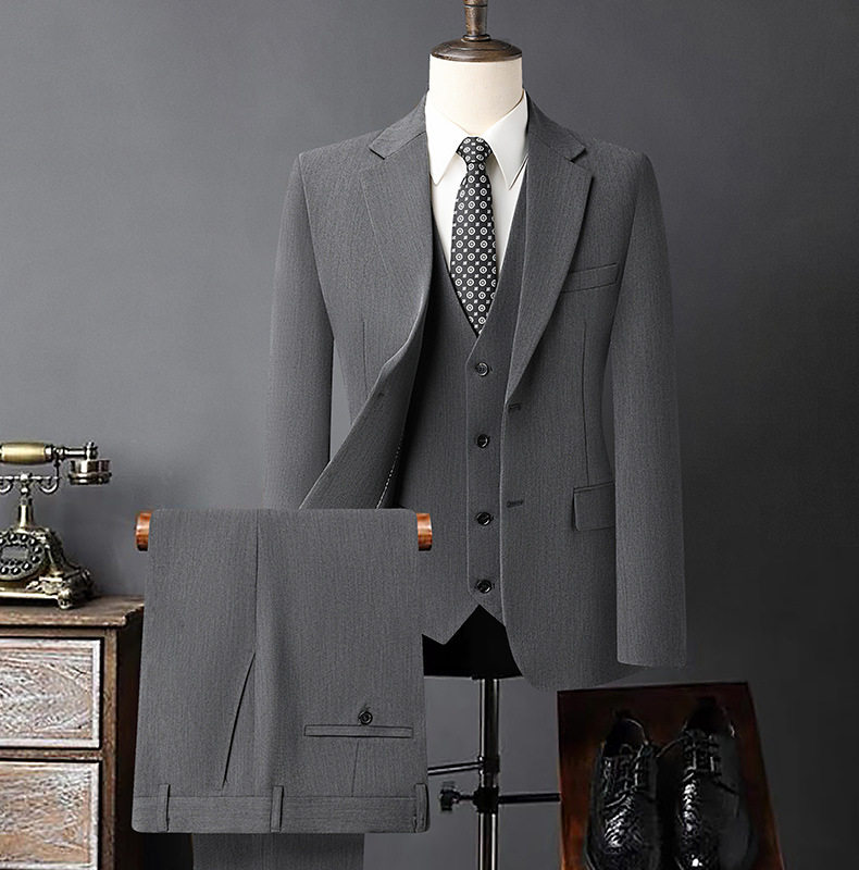 Bộ vest nam ba món vải co giãn bốn chiều, ve áo rộng, dáng ôm, phong cách công sở — Màu xanh tím than, màu xám, màu đen chi tiết 17