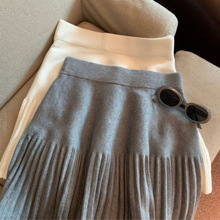 浅灰色针织百褶半身裙女秋冬小个子a字短裙修身高腰显瘦包臀半裙
