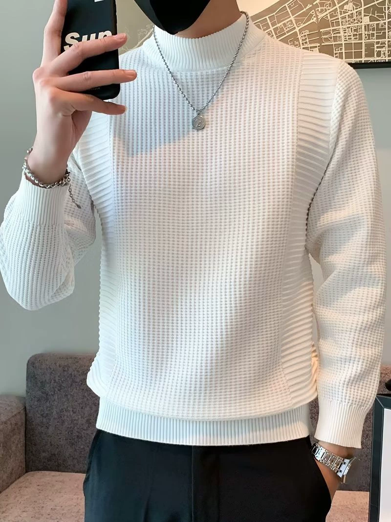 Мужской эластичный цветной вязаный демисезонный базовый свитер, slim fit