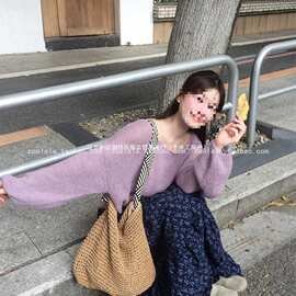 入秋搭配一整套大码微胖mm盐系轻熟时尚紫色毛衣碎花半身裙套装裙