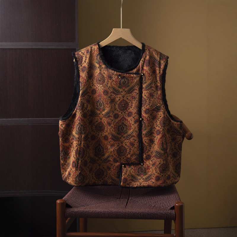 Reversible 100% Mulberry Silk Jacquard Fragrant Cloud Yarn Warm Thickened Vest Eco-Friendly Mink Fur Chinese Style Winter Coat