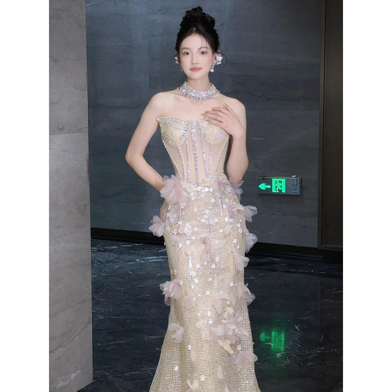 Fishtail Evening Dress Women's High-end Light Luxury Niche 2025 New Style Host Banquet Birthday Elegant Art Test Celebrity
