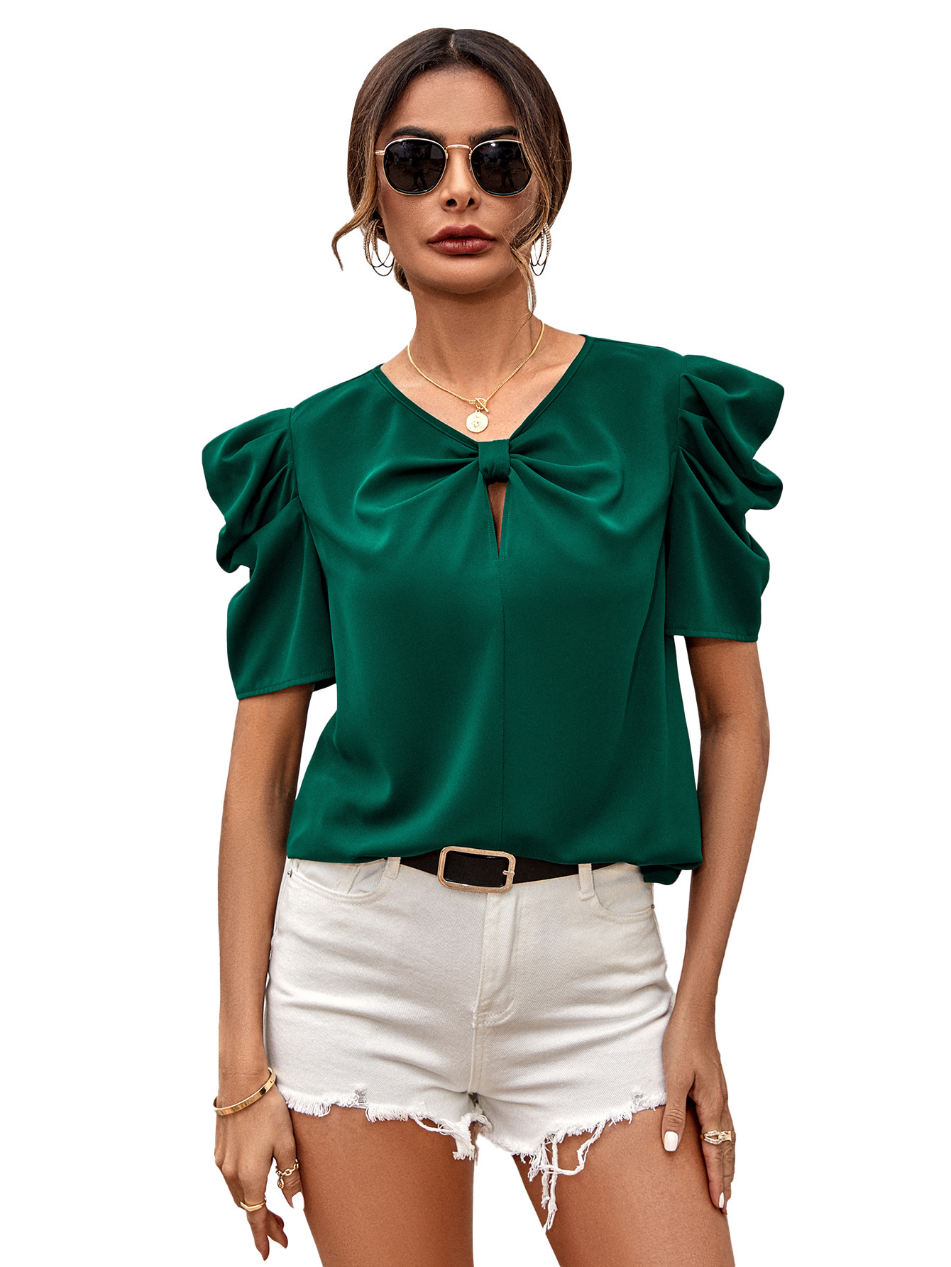 Summer European And American Leisure Cross-border Women's Clothing  2023 New Solid Color Puff Sleeve V-neck Slim Top For Women display picture 4