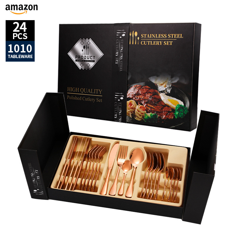 Juego de vajilla de acero inoxidable de Amazon transfronterizo 1010 Cuchillos, tenedores y cucharas de comida occidental Juego de 24 piezas Cuchillos y cucharas de bistec