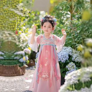 2025 New Girls Summer Han Dynasty Dress Embroidered Girls Short Sleeve Princess Dress National Style Chinese Tang Suit Han Dynasty