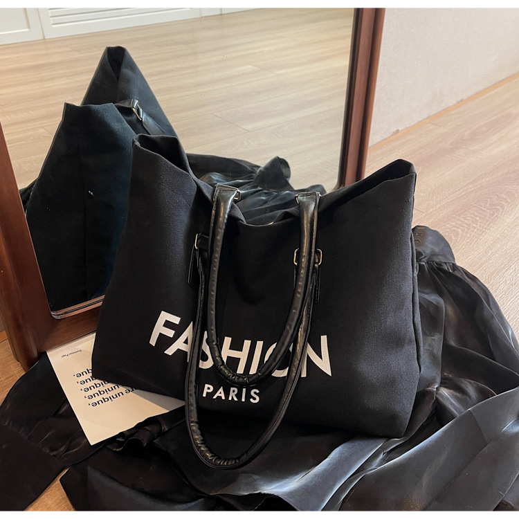262g Weight Polyester Lining Material Open Closure Type Single Shoulder Strap Strap Type Tote Bag Bags Type Holiday, Daily Occasion Canvas Material Letter Pattern All Seasons Season Women's Gender Classic Style Style Square Shape Large Size Women's Large Canvas Letter Classic Style Square Open Tote Bag 28