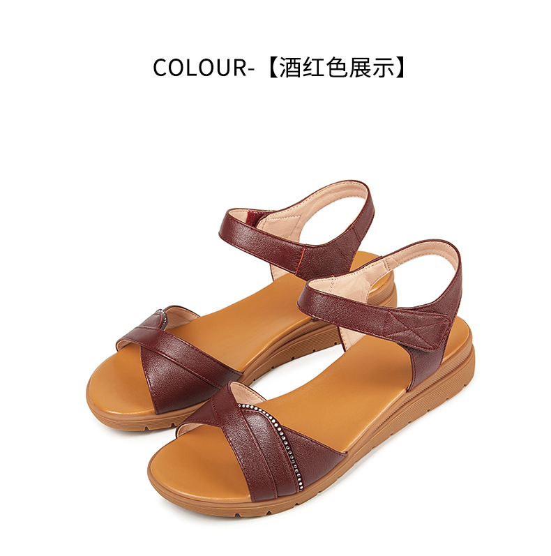 Dép sandal nữ đế bệt mềm, quai da, thoải mái cho người trung niên và cao tuổi — Đỏ rượu chi tiết 32