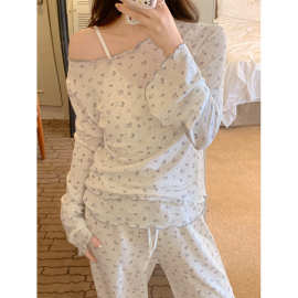 跨境专供外贸新品韩系温柔少女碎花甜美花边家居服睡衣三件套套装