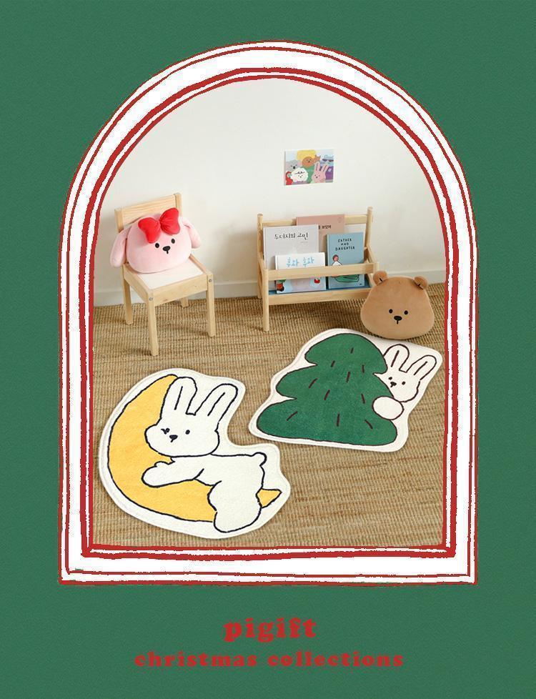 Korean-style cute bunny bathroom mat, absorbent faux cashmere mat, non-slip and easy-to-clean foot mat for bathroom entrance