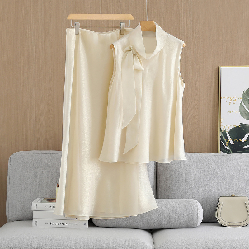 Light Luxury New Style Gold-Woven Mulberry Silk Set, Fashionable Two-Piece Silk Dress for Women, Mulberry Silk Top + Fishtail Skirt