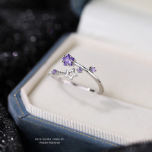 韩版轻奢紫色锆石星星戒指女s925纯银小众百搭小星愿指环可调节