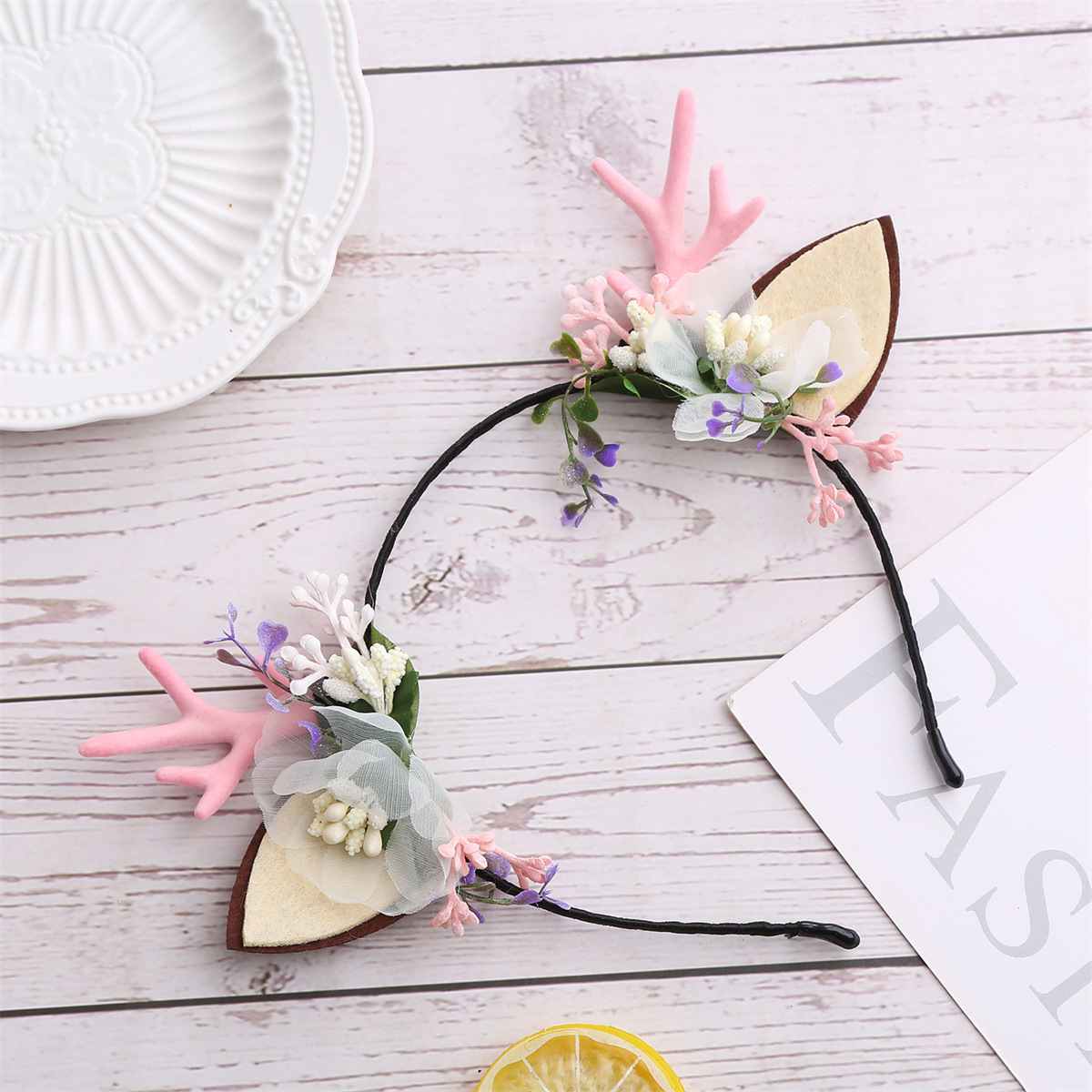 Los niños de Navidad cornamenta diadema venta al por mayor Rosa flocado pequeña cornamenta diadema DIY chica rendimiento accesorios para el cabello diadema