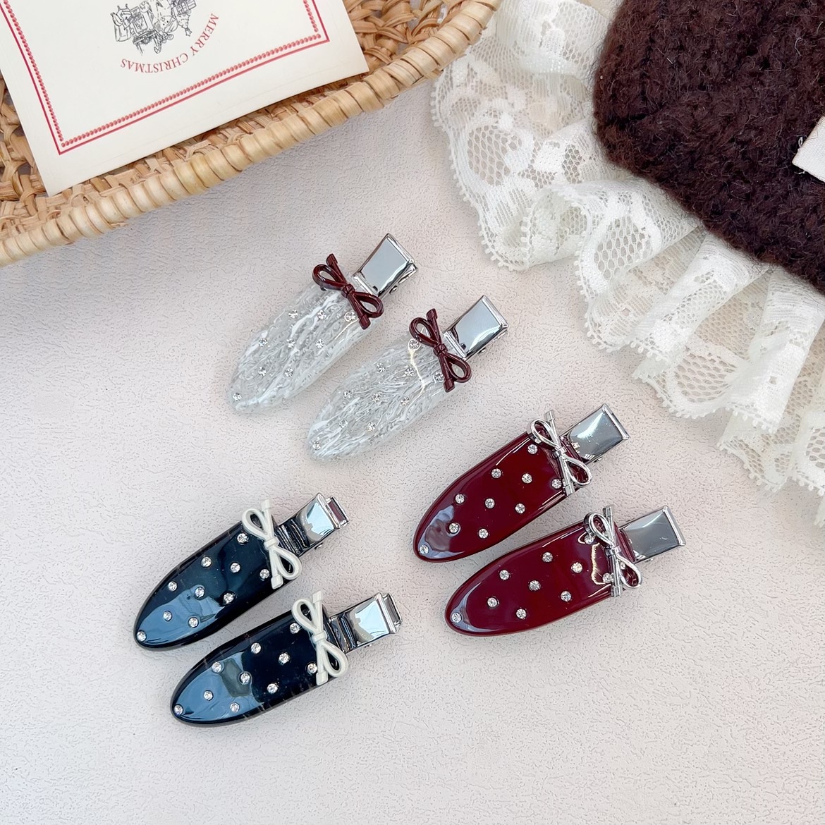 韓版新款氣質波點鑲嵌水鑽蝴蝶結髮夾簡約高級感鴨嘴夾側邊夾髮飾