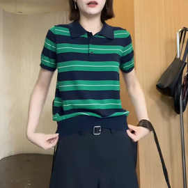 2026年夏季绿色短袖T恤航海风翻领减龄洋派百搭条纹女装上衣