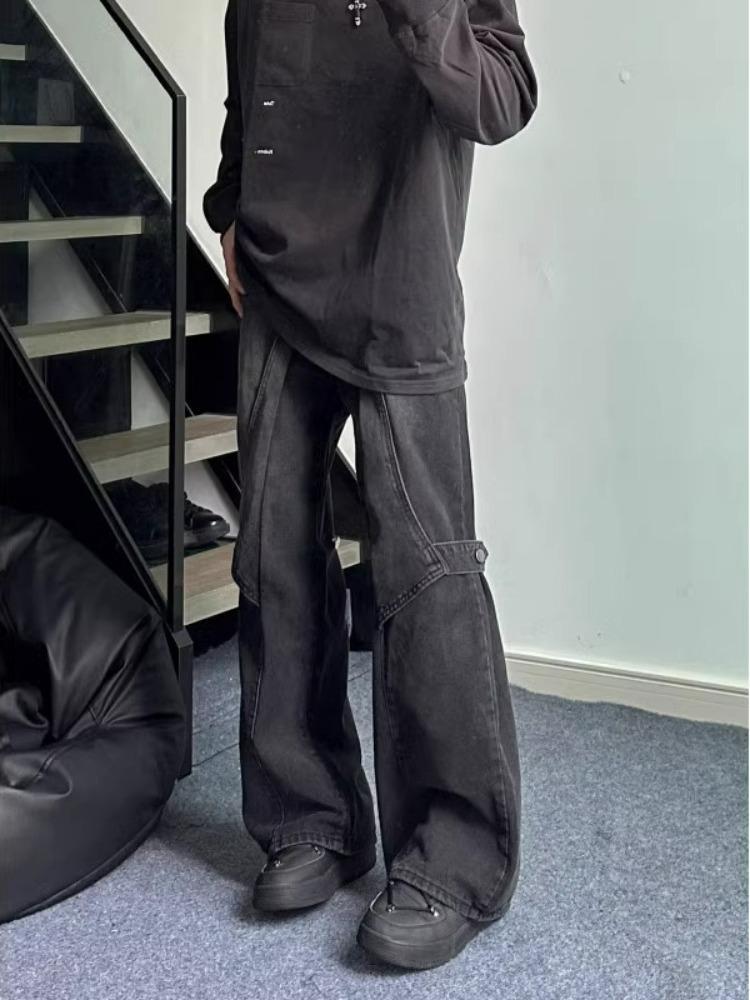 boy Black Cargo Jeans For Men, Design Sense Deconstructed Pants, European And American High Street Tall Flared Pants_voghion.com