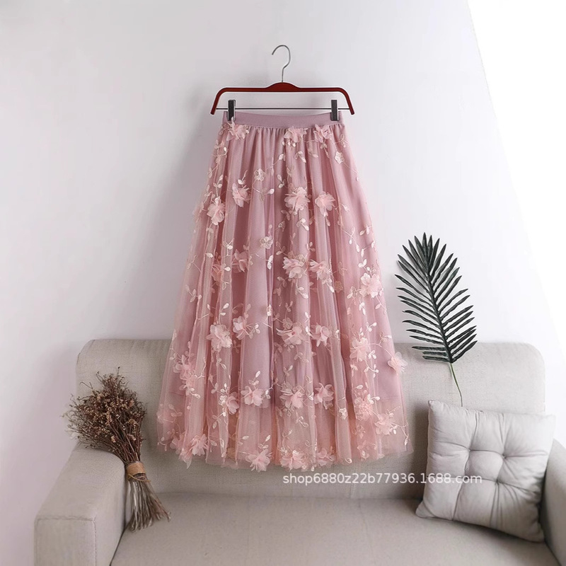 Mesh Embroidery Floral Heavy-Duty Skirt Plus Size Tulle Skirt 2026 Spring New A-Line Cute High-Waisted Long Skirt Mesh Embroidery Floral Heavy-Duty Skirt Plus Size Tulle Skirt 2026 Spring New A-Line Cute High-Waisted Long Skirt