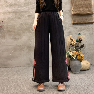 2024 autumn and winter cotton linen cotton and thickening cotton pants middle-aged and elderly mothers national wind warm straight pants casual pants women