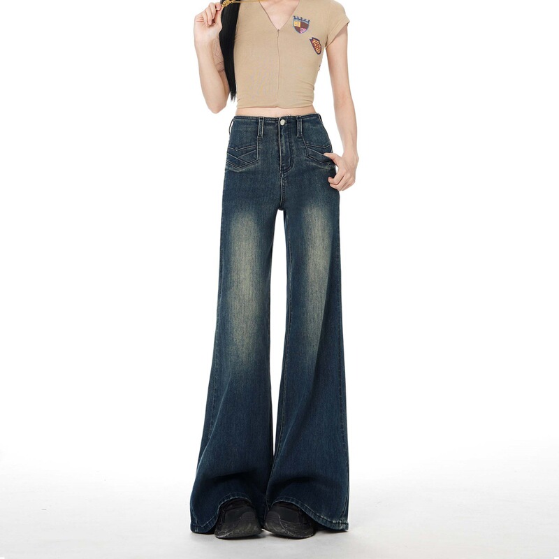 Vintage High-Waisted Stretch Flared Jeans 2026 Spring Pocket Design Women's Slightly Flared Jeans Thin Summer Style
