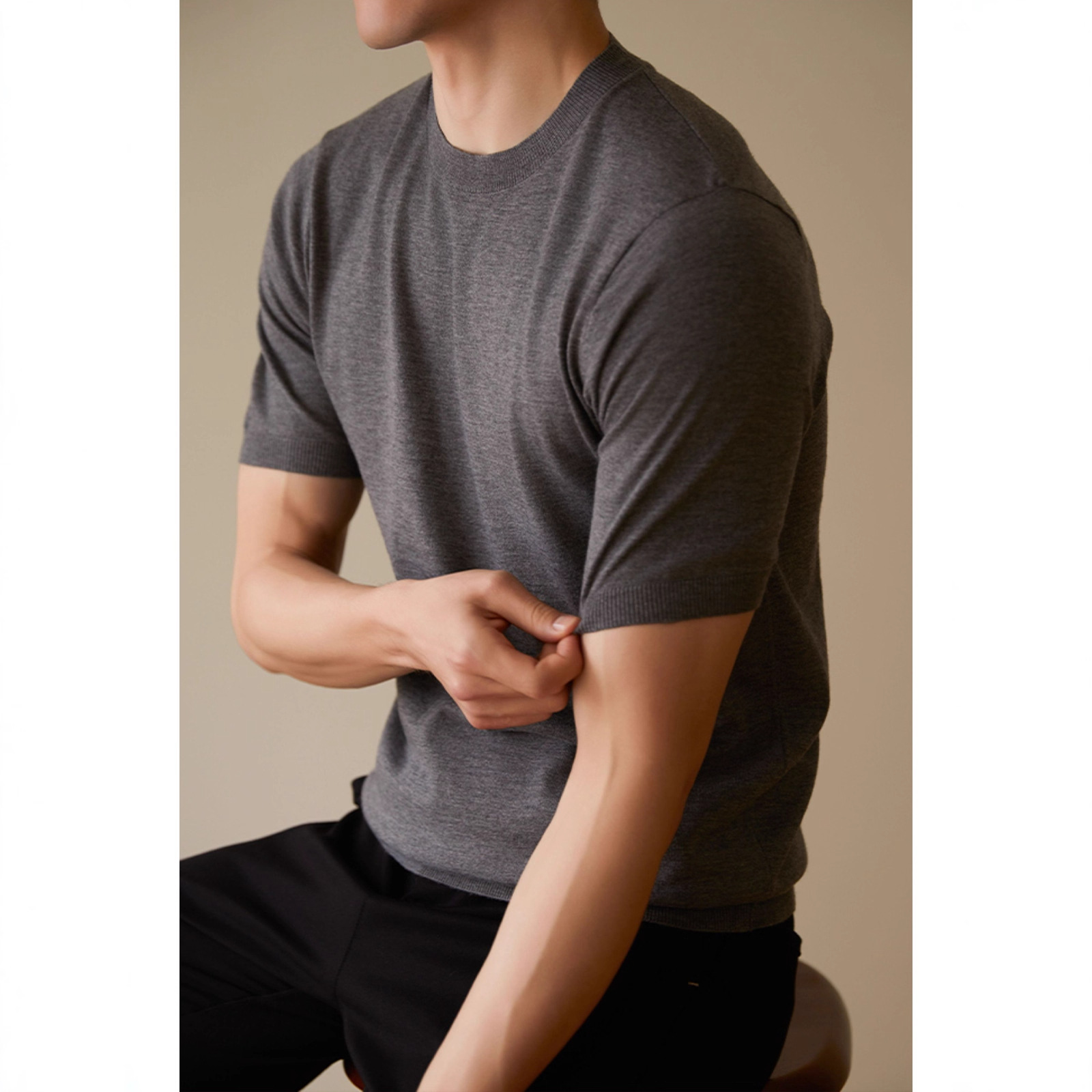 2025 Spring/Autumn New Casual Business Short-Sleeve T-Shirt Men's Round Neck Pullover Wool Sweater Knit Solid Color Short Sleeve