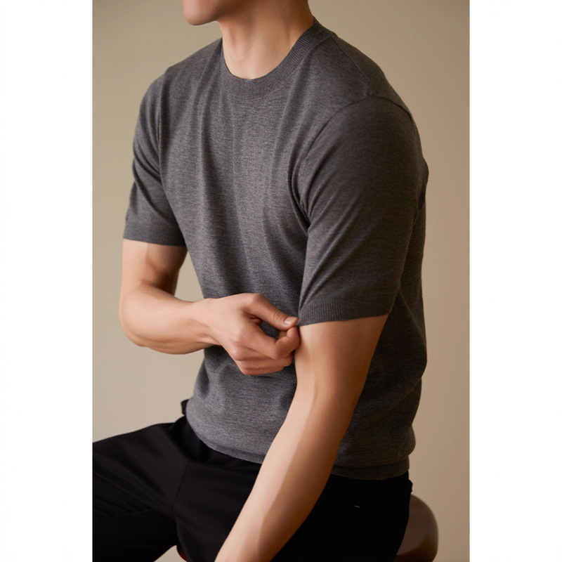 2025 Spring and Autumn New Casual Style Business Short-Sleeved T-Shirt Men's Round Neck Pullover Cardigan Knitted Solid Color Half-Sleeve