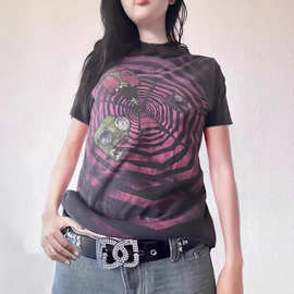 2024秋冬新款复古圆领上衣拼接印花T恤 万圣节时尚女装辣妹